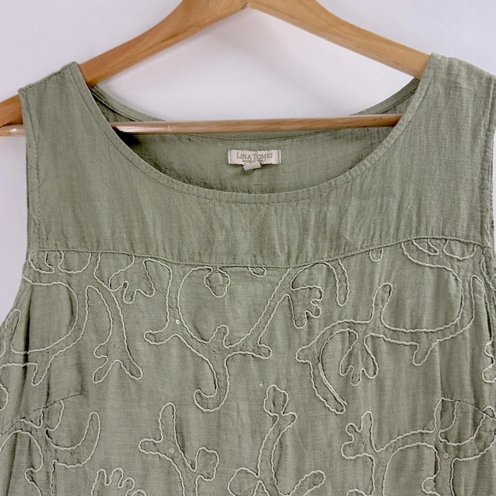 Lana Tomei Linen dress made in Italy sleeveless embroidered sage green classic
